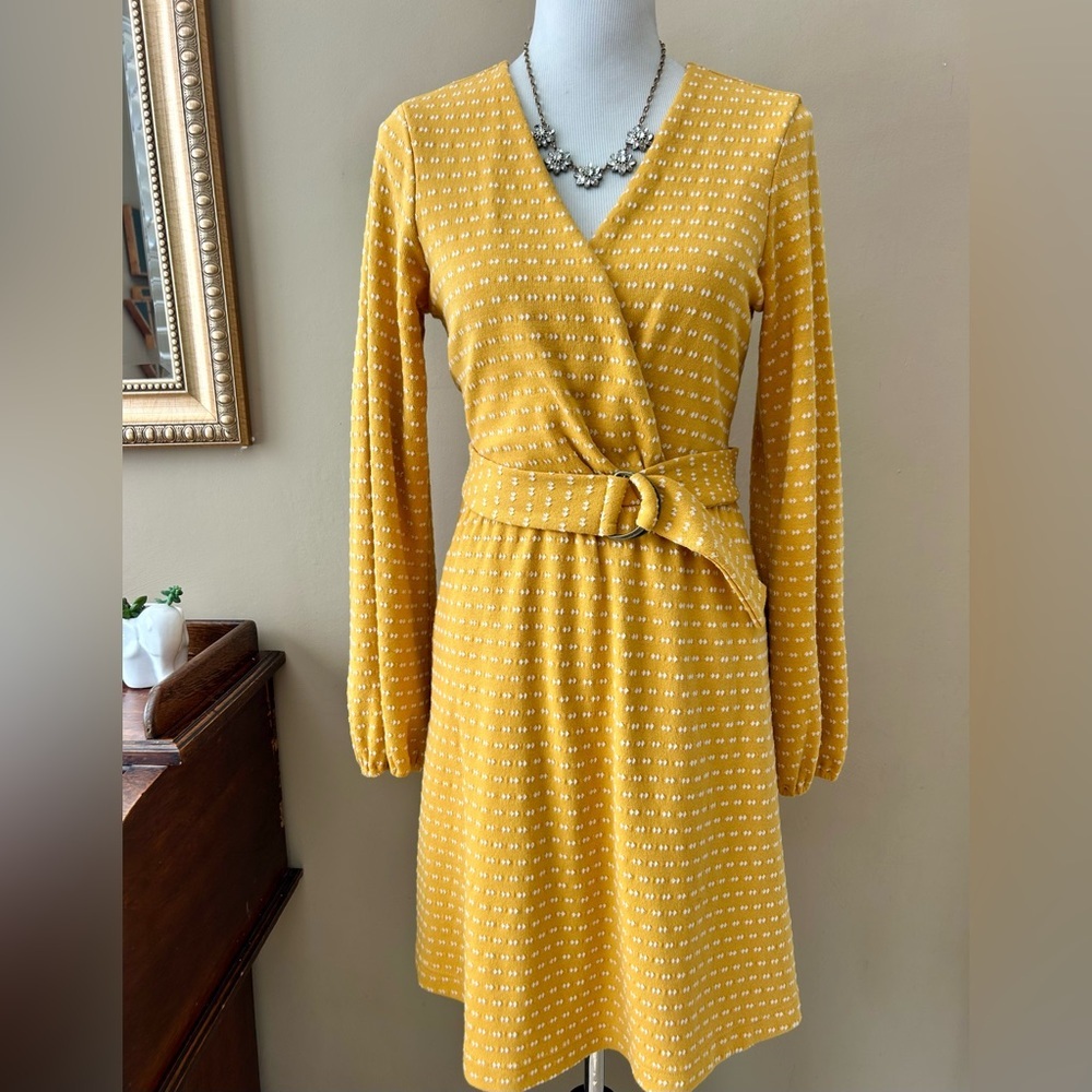 Anthropologie Maeve Malta Wrap Dress Size Medium Balloon Sleeve Belted Yellow M